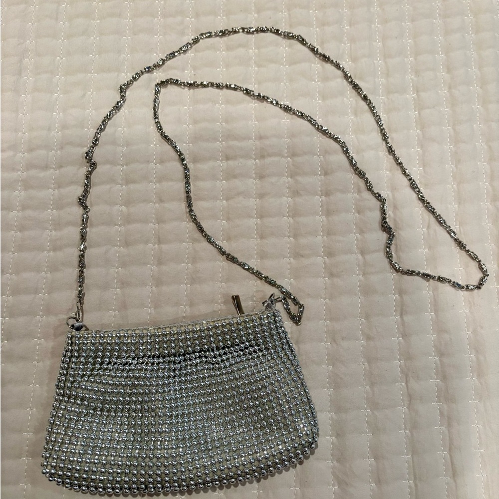 Elegant Silver Beaded special occasion evening small Bag with chain strap